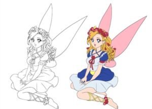 Anime style pretty fairy with curly blonde hair and pink wings