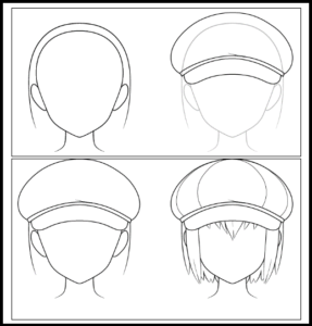 Step-by-step sketching of an anime newsboy hat