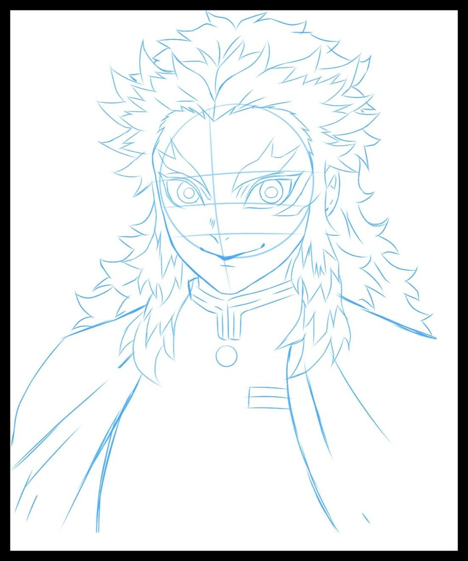 Step 7) Now Draw the shoulders and clothes of Kyojuro Rengoku