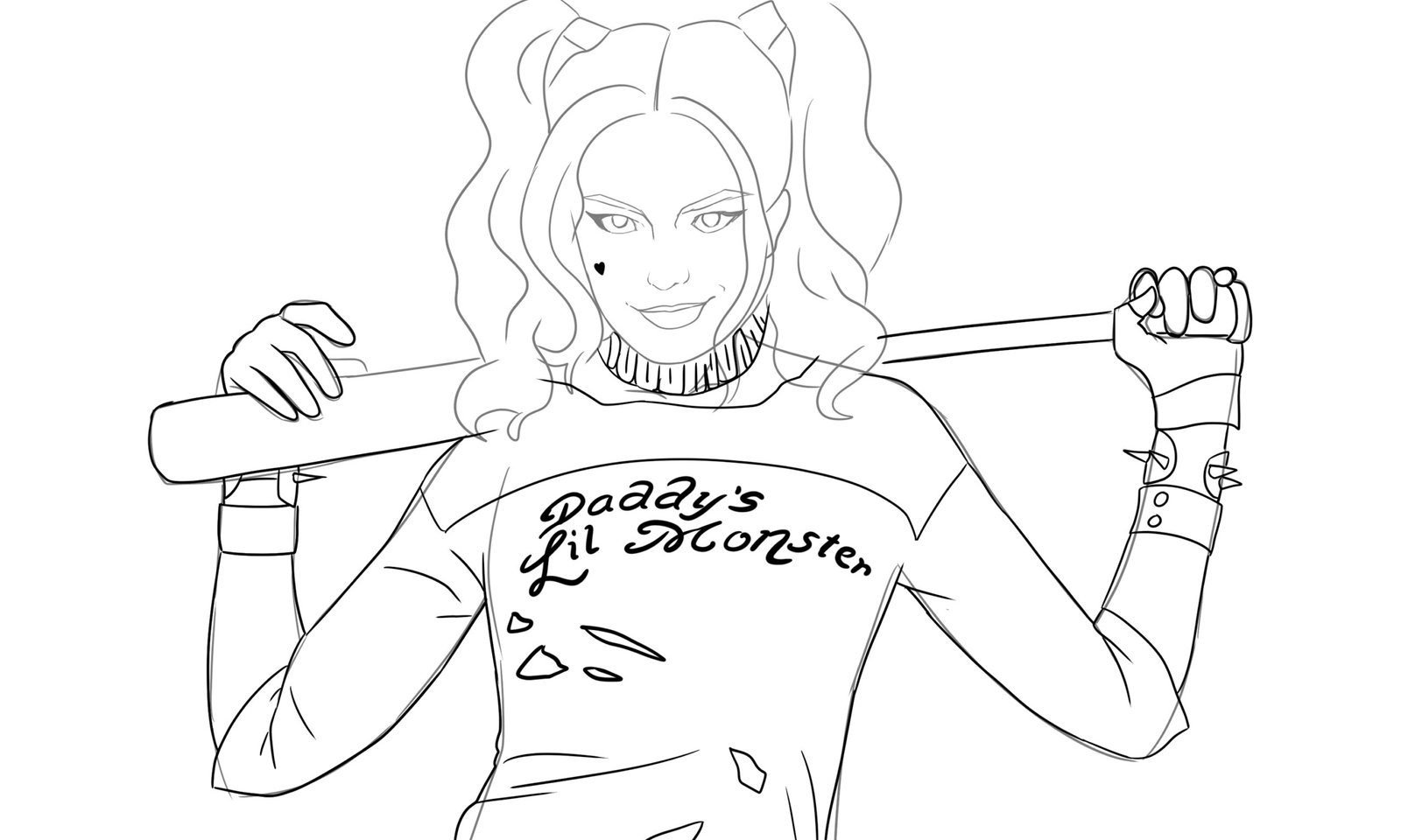 Draw Harley Quinn’s Spiked Bracelet, ripped collar and shirt
