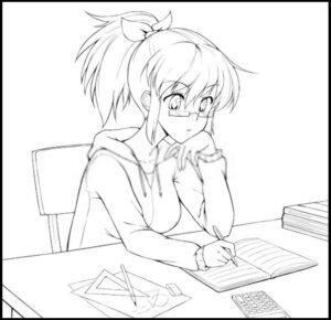 Cute anime girl with glasses doing homeworkstudying