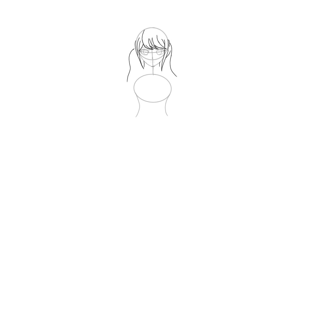 Begin to Draw Junko's Bangs and the Left and Right Side of her Hair