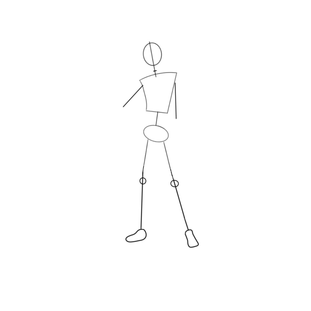 Draw outline for the arms, hands, legs, waist & feet